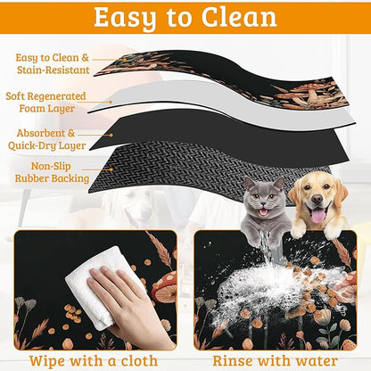 Vintage Mushroom Dog Food Mat,Leaf Absorbent Pet Feeding Mat for Food and Water Bowl,Quick Dry Dog Placemat Non Slip Rubber Backing Waterproof Pet Supplies 16" x 24"