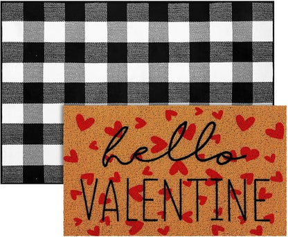 Tinideya 2 Pcs Valentine Door Mat Hello February 14th Welcome Non Slip Coir Mats Red Heart Black and White Plaid Floor Layering Doormats Seasonal for Front Porch Entryway Decor(Valentine)