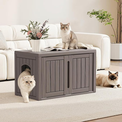 Cat Litter Box Enclosure, Multi-Functional Hidden Enclosed Litter Box Furniture with Adjustable Partition, Indoor Outdoor Cat House Weatherproof, Side Table, Easy to Clean & Assemble, Gray