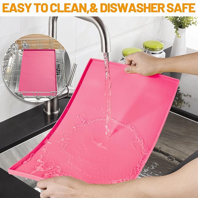 Hubulk Dog Feeding Mat,100% Waterproof Food Grade Silicone Pet Food and Water Bowl Placemat,Dishwasher, High Raised Edge to Prevent Spills,Nonslip Tray to Stop Messes on Floor（28"x18"x0.8", Pink）