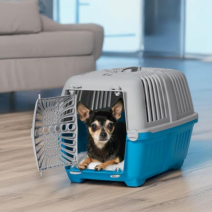 MidWest Homes for Pets Spree Travel Carrier – Hard-Sided Dog & Cat Carrier, Small Pet Travel Crate with Handle, Ventilated Design, Durable Plastic Door, Easy Assembly, 19-Inch, Blue