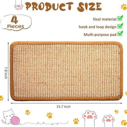Tuanse 4 PCS Cat Scratcher Mat, 15.7 x 7.8 Inches Sisal Cat Scratching Pad, Horizontal Floor Scratching Pad Rug with Adhesive Loop Tape for Protect Couch and Carpets(Khaki)