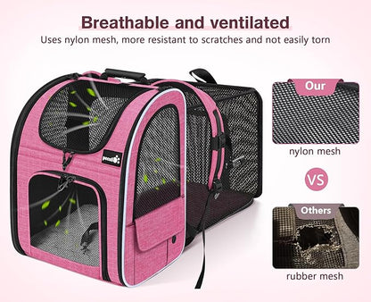Pecute Cat Backpack Carrier Expandable, Pet Backpack for Cats & Small Dogs Up to 11lbs, with 4-Side Breathable Mesh, Multi-Entry & Lockable Zippers for Travel, Hiking, Camping - Hands Free, Pink