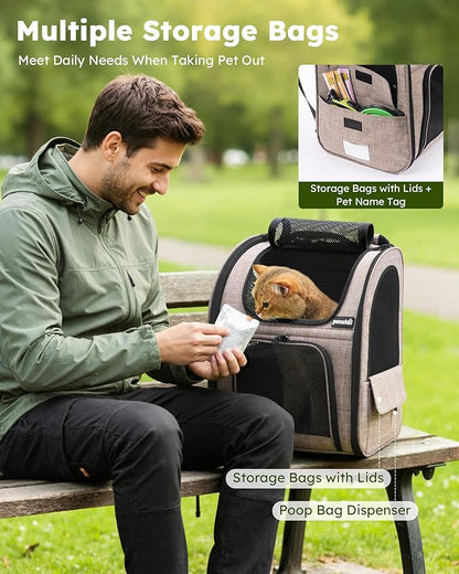 Pecute Cat Backpack Carrier Expandable, Pet Backpack for Cats & Small Dogs Up to 11lbs, with 4-Side Breathable Mesh, Multi-Entry & Lockable Zippers for Travel, Hiking, Camping - Hands Free, Khaki