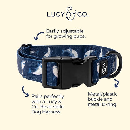 Lucy & Co. Shark Attack Dog Collar - Durable Lightweight Designer Collar for Pets - Adjustable Metal Safety Buckle - Navy White Shark - Large