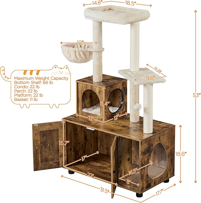 Yaheetech Litter Box Enclosure with Cat Tree, All-in-one Indoor Kitten House w/Scratching Posts, Wooden Cat Litter Box Furniture w/Condo, Platform, Rustic Brown/Beige