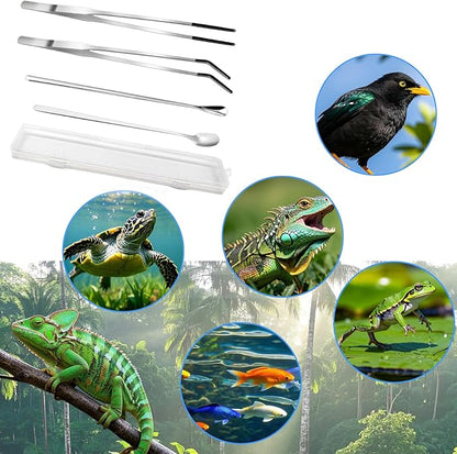 4-Piece Stainless Steel Reptile Feeding Tongs & Spoons Set – Curved/Straight Tweezers,Spoons, Rubber Tips for Bearded Dragons,Aquarium/Terrarium Safe Feeding Tools