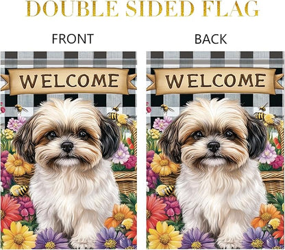 Spring Summer Garden Flag Shih Tzu Dog Flag 12x18 Inch Double-Sided Cute Puppy Yard Banner Buffalo Plaid Floral Outdoor Decor for Porch Lawn Pathway Dog Lover Housewarming