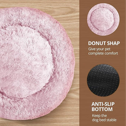 JOLLYVOGUE Calming Dog Bed Medium Size Dog, Anti-Anxiety Donut Medium Pet Bed, 27 inches Fluffy Faux Fur Round Cat Bed (Smoke Pink)
