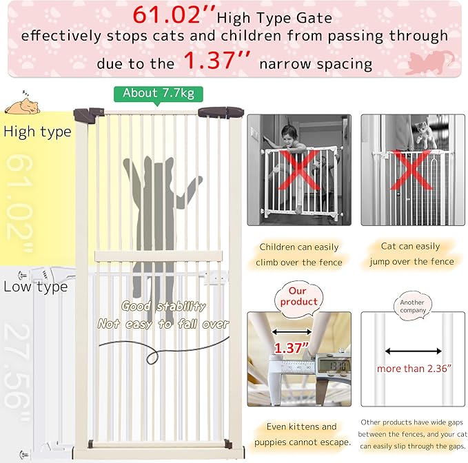 Lumizone Extra Tall Cat Gate 61.02" High Pressure Mounted Extra Wide 46.65"-50.78" (17Sizes) 1.37" Gap No Drilling Auto-Close Tall Pet Gate for Dogs (Cream, 46.65"-50.78" W)