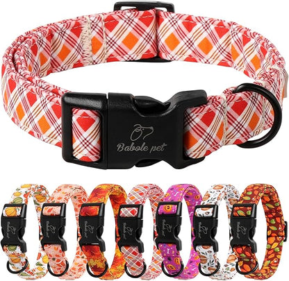 Fall Dog Collar, Fall Orange and Red Plaid Puppy Collar, Adjustable Cotton Holiday Tanksgiving Dog Collars for Small Medium Large Boy&Girl Dogs L