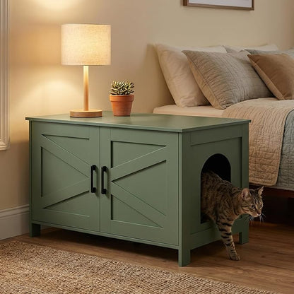 Homhedy Cat Litter Box Enclosure,Litter Box Furniture Hidden with Barn Door,Wooden Cat Washroom Furniture,Fit Most of Litter Box, Green, CL50L