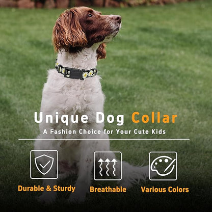 Dog Collar, Daisy Boys Girls Puppy Collar for Small Medium Large Dogs, Adjustable Soft Floral Pet Collar with Safety Buckle for Male Females(Black Daisy,M)