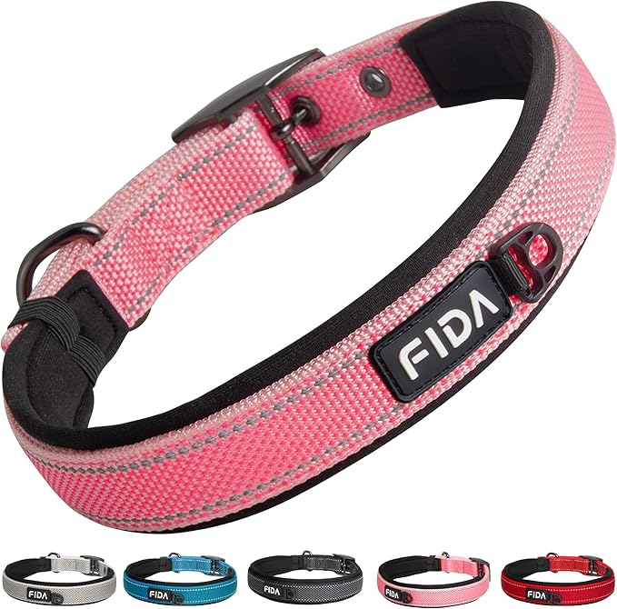 Fida Heavy Duty Dog Collar, Ultra Comfortable Soft Neoprene Padded, Adjustable Reflective Nylon Pet Collar with Durable Metal Belt Buckle for Large Breeds (L, Pink)