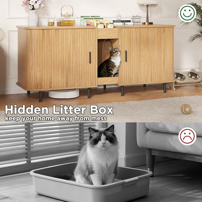 Double Litter Box Enclosure for 2 Cats, 55" Litter Box Furniture Hidden with Cat Scratch Pad, Large Indoor Cat House with Double Room, Wooden Litter Box Cabinet, TV Stand, Natural