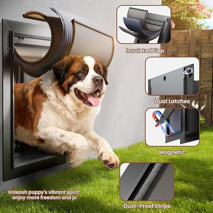 3-Flap XL Dog Door, All Aluminum Alloy Extra Large Dog Door door for Wall, Heavy Duty Pet Door Easy to Install, Energy Efficient, Telescoping Tunnel for Interior & Exterior Wall, Pet Up to 220Lb-Black
