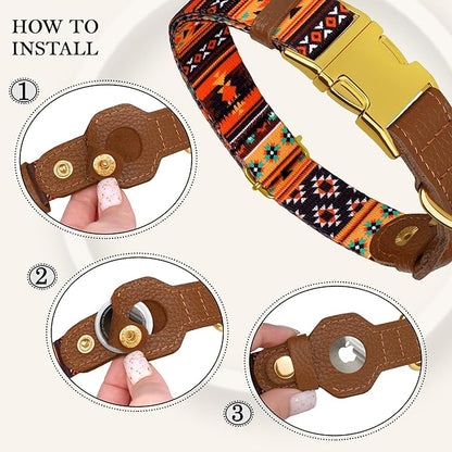 AirTag Dog Collar for Small Medium Large Breed - Adjustable Cute Pattern Dog Collar with Airtag Holder - Soft Leather Tracker GPS Apple Air Tag Pet Collars (Medium, 14"-18" Neck Fit, Western)
