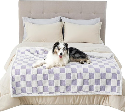 LE SURE Waterproof Dog Blanket for Large Dogs - Washable Double Sided Dog Blankets with Warm Jacquard Shag and Soft Sherpa Fleece, Pet Cat Blanket for Bed Couch Protection, 3D Textured Checks, Purple