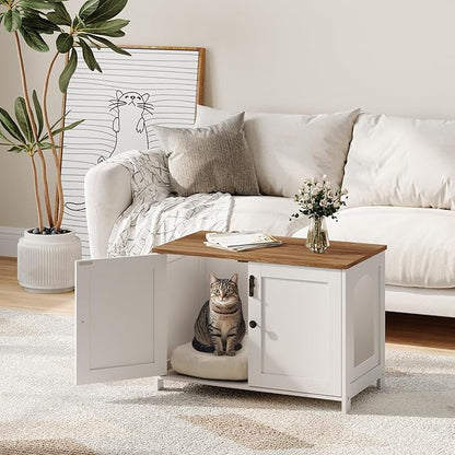 HOOBRO Litter Box Enclosure, Cat Litter Box Furniture with Removable Divider, Hidden Litter Box Furniture, Wooden Cat House, End Side Table, 31" L x 17.5" W x 19.7" H, White and Walnut WH03MW01G2