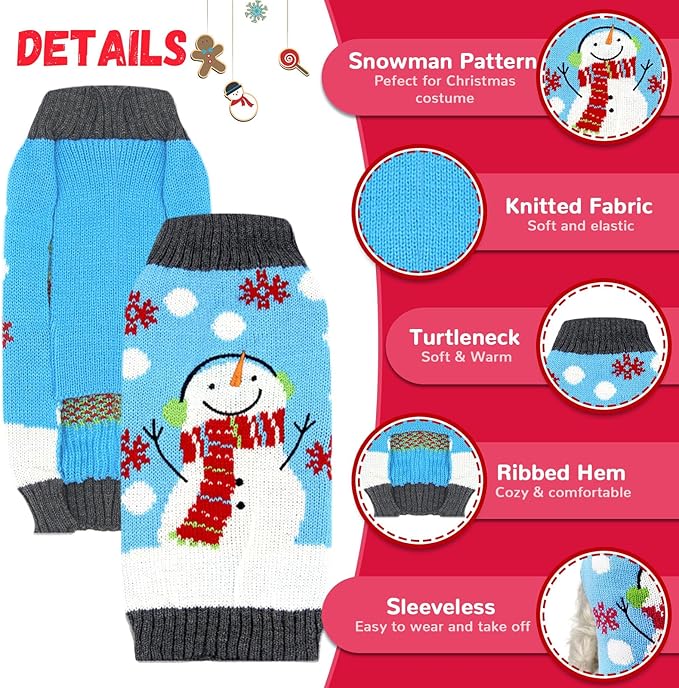Pet Christmas Dog Sweaters Cute Animal Snowman Printed Puppy Xmas Costumes Winter Warm Turtleneck Jumpers Puppy Knitted Clothes Cat Outfits (XL, Blue Snowman)