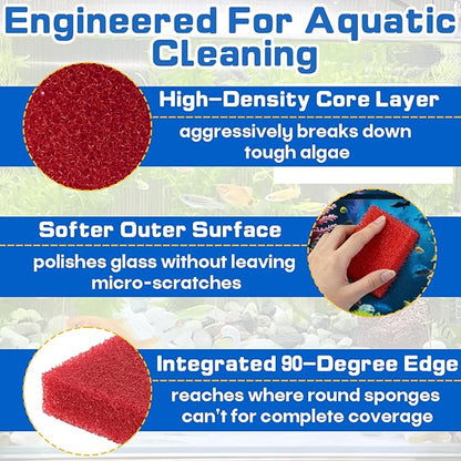 12-Pack Aquarium Glass Cleaner Sponges 3.25" x 3.25" x 1", Non-Scratch Scrubber Pads, Thick & Durable, Safe for Glass Fish Tanks for Crystal Clear View (Red)