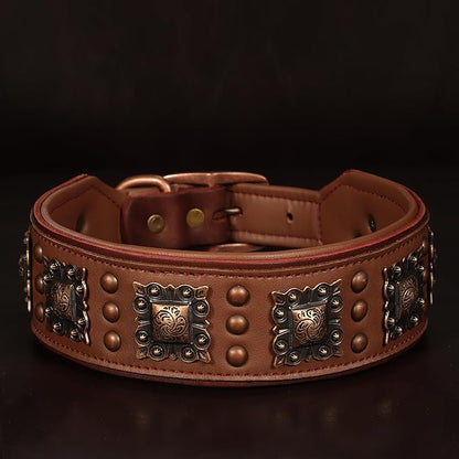 PET ARTIST Soft Padded Leather Dog Collar, 2 inch Wide Genuine Leather Dog Collars with Stylish Studded Rivet & Metal Buckle, Luxury & Adjustable Pet Collars for Medium Dogs,Brown,Neck 16-19"