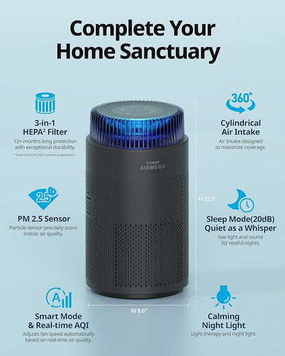 COWAY Air Purifiers for Bedroom Home up to 810 ft², HEPA Filter for Smoke, Allergies, Pet Dander, Odor, AQI Monitor, Auto&Sleep Mode, Timer, Filter Indicator, Night Light, 3yr Warranty, 100 Black