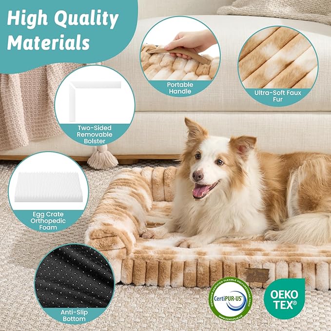 Cute Dog Bed, Faux Rabbit Fur Orthopedic Dog Bed with Sides, Removable Washable Cover & Waterproof Lining, Comfortable Pet Couch for Extra Large Dogs, Tie-Dye Brown (48" L x 35" W x 7.5" Th)
