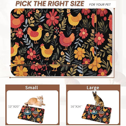 Chicken Rooster Hen Flower Meadow Dog Cat Food Mat,Absorbent Pet Feeding Mat with Rubber Backing,Non-Slip Water Bowl Placemat,Indoor Pet Accessories Supplies 16"x24"