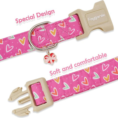 Faygarsle Valentine's Day Dog Collar, Pink Heart Pattern with Metal D-Ring and Heart Charm, Adjustable Pet Collar for Small Medium Large Dogs L