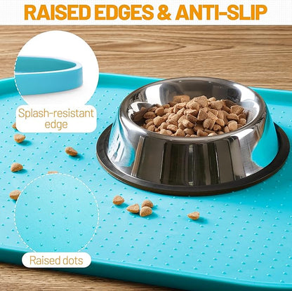 Hubulk 100% Waterproof Silicone Pet Feeding Mat with Raised Edge for Food and Water, Dog Bowl Mats, Cat Bowls Placemat with High Lip Protects Floor for Cats and Dogs (Teal, 32" L x 24" W)