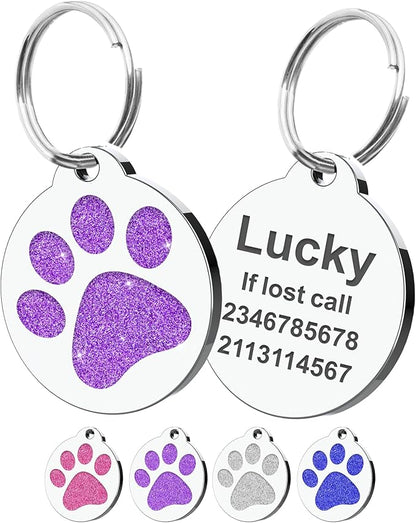 Dog Tags Personalized for Pets Dog Name Tags Personalized Dog Tag Engraved with Any Name & Text Custom Dog ID Tags Glitter Bone ID Tag for Puppy Cat (Purple-Round, S)