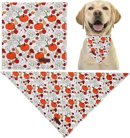 Fall Dog Bandana – Beige Pumpkin Floral Triangle Scarf for Small Medium Large Dogs, Soft Cotton Pet Bib for Autumn Thanksgiving, Adjustable Dog Kerchief for Seasonal Daily Wear