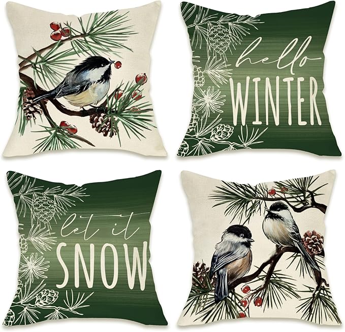 Fahrendom Hello Winter Green Decorative Throw Pillow Covers 18 x 18 Set of 4, Chickadee Pine Needle Branch Porch Patio Outdoor Pillowcase, Christmas Pine Cone Red Berry Sofa Cushion Case Home Decor