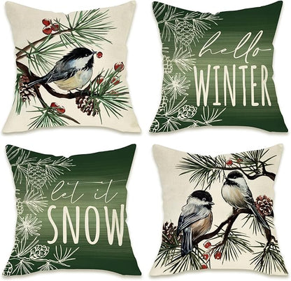 Fahrendom Hello Winter Green Decorative Throw Pillow Covers 18 x 18 Set of 4, Chickadee Pine Needle Branch Porch Patio Outdoor Pillowcase, Christmas Pine Cone Red Berry Sofa Cushion Case Home Decor