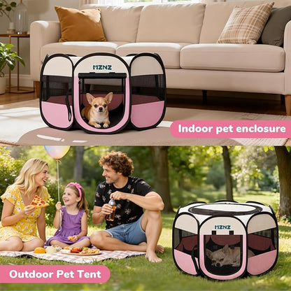 Dog Cat Playpen, Portable Puppy Pet Crate Indoor for Small Dogs Cats Rabbits, Foldable Dog Cage Enclosure for Outdoor, Pop Up Dogs Tent Kennel with Carrying Case, Pink