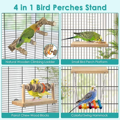 4 Pcs Bird Perch with Swing, Parrot Perches Platform with Chew Blocks, Natural Climbing Ladder Bridge Colorful Hammock for Budgies, Cockatiels, Lovebirds, Finches
