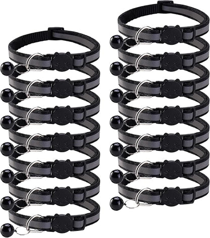 14 Pack Breakaway Cat Collar with Bell, Reflective Kitten Collar for Girl Boy Cats, Safety Buckle Adjustable 7.5-12.5 Inch, 0.4 Inch Width Lightweight, Pet Gifts (Black)