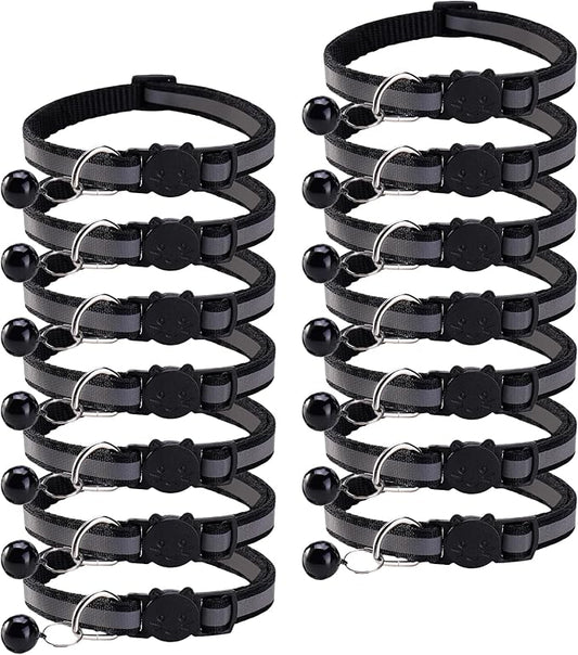 14 Pack Breakaway Cat Collar with Bell, Reflective Kitten Collar for Girl Boy Cats, Safety Buckle Adjustable 7.5-12.5 Inch, 0.4 Inch Width Lightweight, Pet Gifts (Black)