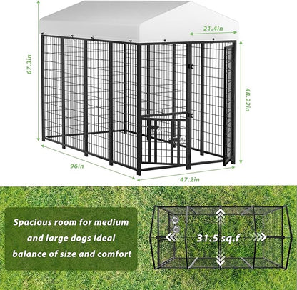 LOVMOR Outdoor Dog Kennel with Roof, Heavy Duty Steel Dog Run Enclosure for Medium Dogs, Waterproof Canopy, Double Latch Door, Adjustable Feeding Bowls, Pet Pen for Yard and Patio, 8’L x 4’W x 5.6’H
