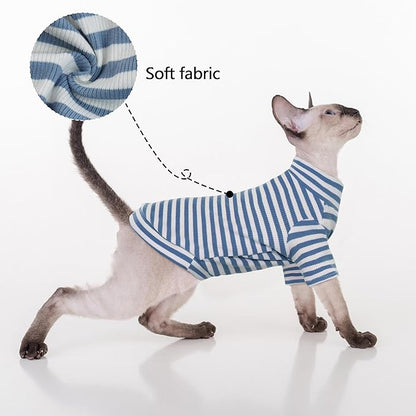 PUMYPOREITY Sphynx Cat Clothes - Soft Hairless Shirt With Sleeves, Stretchy Sweater, Pullover Pajamas Jumpsuit, Turtleneck Outfit for Sphynx Cornish Rex, Devon Rex - Blue, S