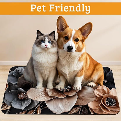 Black Brown Flower Feeding Mat,Artistic Absorbent Quick-Dry Cat Dog Food and Water Bowl Mats,Non-Slip Rubber Backing Mat,Cat Dog Accessories Supplies 12" x 20"