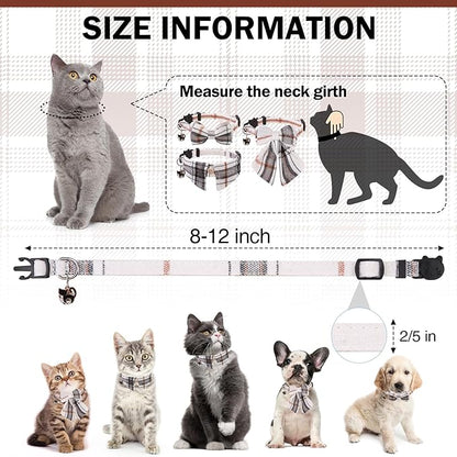 Cat Collar with Bells Breakaway, Bowtie Cat Collar for Boy Girl Cats with Removable Shirt Collar, Cute Plaid Kitten Collar with Bell & Pendant Adjustable, 3 Pack Beige Cat Collars
