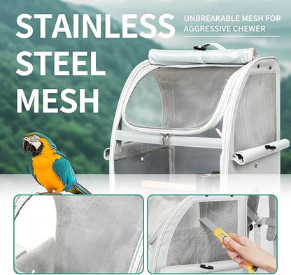 Bird Carrier Bag, Bird Travel Cage with Standing Perch and Indestructible Stainless Steel Mesh, Protable Transparent Breathable Carrier with Feeder Cups for Small Birds Parrot Parakeet, Grey