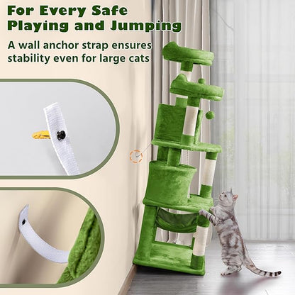 Yaheetech 62.5inches Cat Tree Cat Tower Kitten Condo with Platform & Hammock, Scratching Posts for Kittens Pet Play House with Plush Perch for Indoor Activity Relaxing, Green