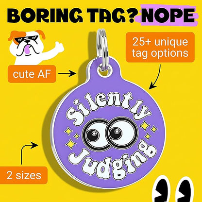 Bad Tags Personalized Dog and Cat ID Tags in 25+ Designs and 2 Sizes - 5 Lines of Custom Engraved Text - Funny Cute Personalized Pet Tags (Silently Judging - Purple, Large (1.25 inch))
