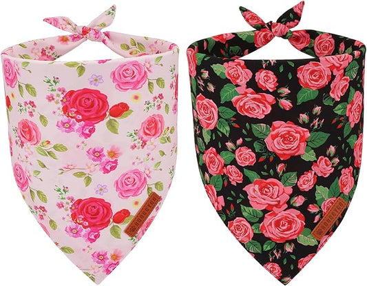 ADOGGYGO Floral Dog Bandana 2 Pack, Reversible Red Pink Rose Puppy Scarf Bib, Adjustable Fit Cute Floral Bandanas for Small Dogs Pets (Small)
