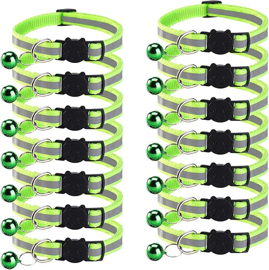 14 Pack Breakaway Cat Collar with Bell, Reflective Kitten Collar for Girl Boy Cats, Safety Buckle Adjustable 7.5-12.5 Inch, 0.4 Inch Width Lightweight, Pet Gifts (Fluorescent Green)