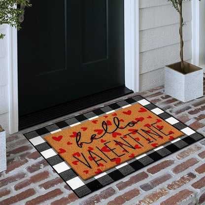 Tinideya 2 Pcs Valentine Door Mat Hello February 14th Welcome Non Slip Coir Mats Red Heart Black and White Plaid Floor Layering Doormats Seasonal for Front Porch Entryway Decor(Valentine)