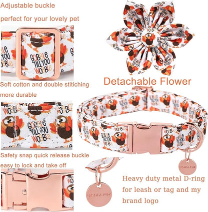 Thanksgiving Dog Collar with Flower, Turkey Cotton Flower Collar for Puppy Girl Dog or Cat, Autumn Flower Collar with Durable Metal Buckle, Thanksgiving Pet Collar, XS, Neck 8-12in